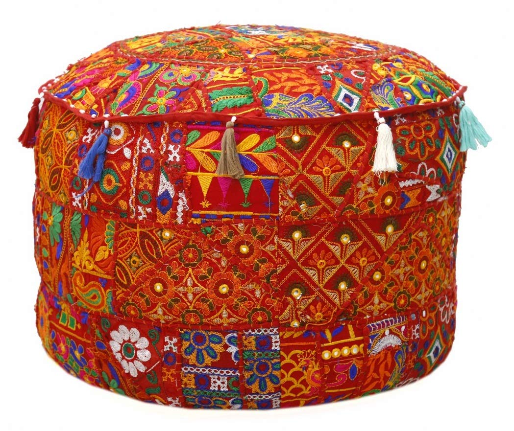 Indian Traditional Cushion Cover Vintage Pouf Stool Comfortable Floor Cotton Cushion Pouf Stool for Home Decoration (Pattern 8, 18 x 18 x 14 Inches) - Image 5