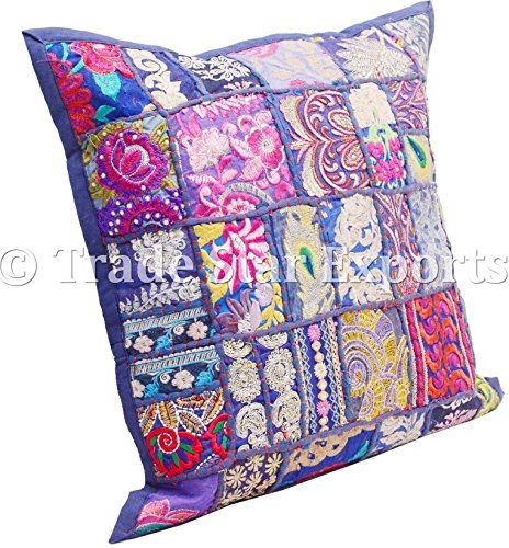 Indian Vintage Pillow Cover 16x16" Handmade Patchwork Cushion Ethnic Decorative Pillow Cases Square Sofa Cushion Covers Embroidery Christmas Throw Pillow Hippie Decor Pillow Shams (Pattern 4) - Image 3