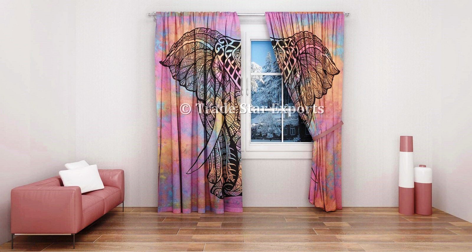 Trade Star 100% Cotton 2 Panel Curtains Decorative Tapestry Indian Elephant Print Ombre Room Tie Dye Curtain Set Boho Door Hanging Drapes for Home Decor (Pattern 6) - Image 3