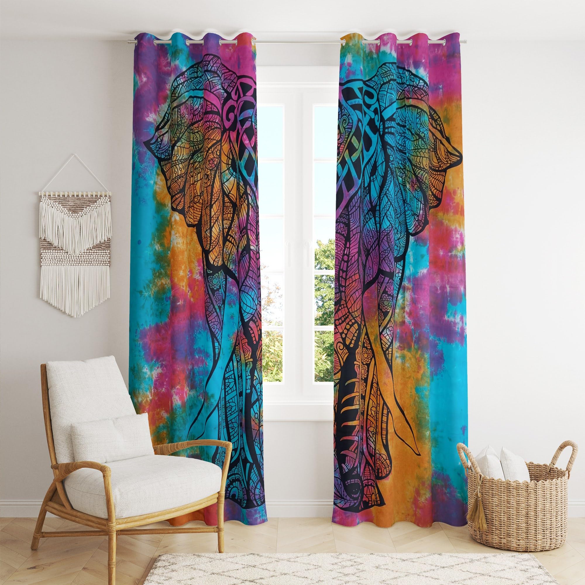 Trade Star 100% Cotton 2 Panel Curtains Decorative Tapestry Indian Elephant Print Ombre Room Tie Dye Curtain Set Boho Door Hanging Drapes for Home Decor (Pattern 6) - Image 4