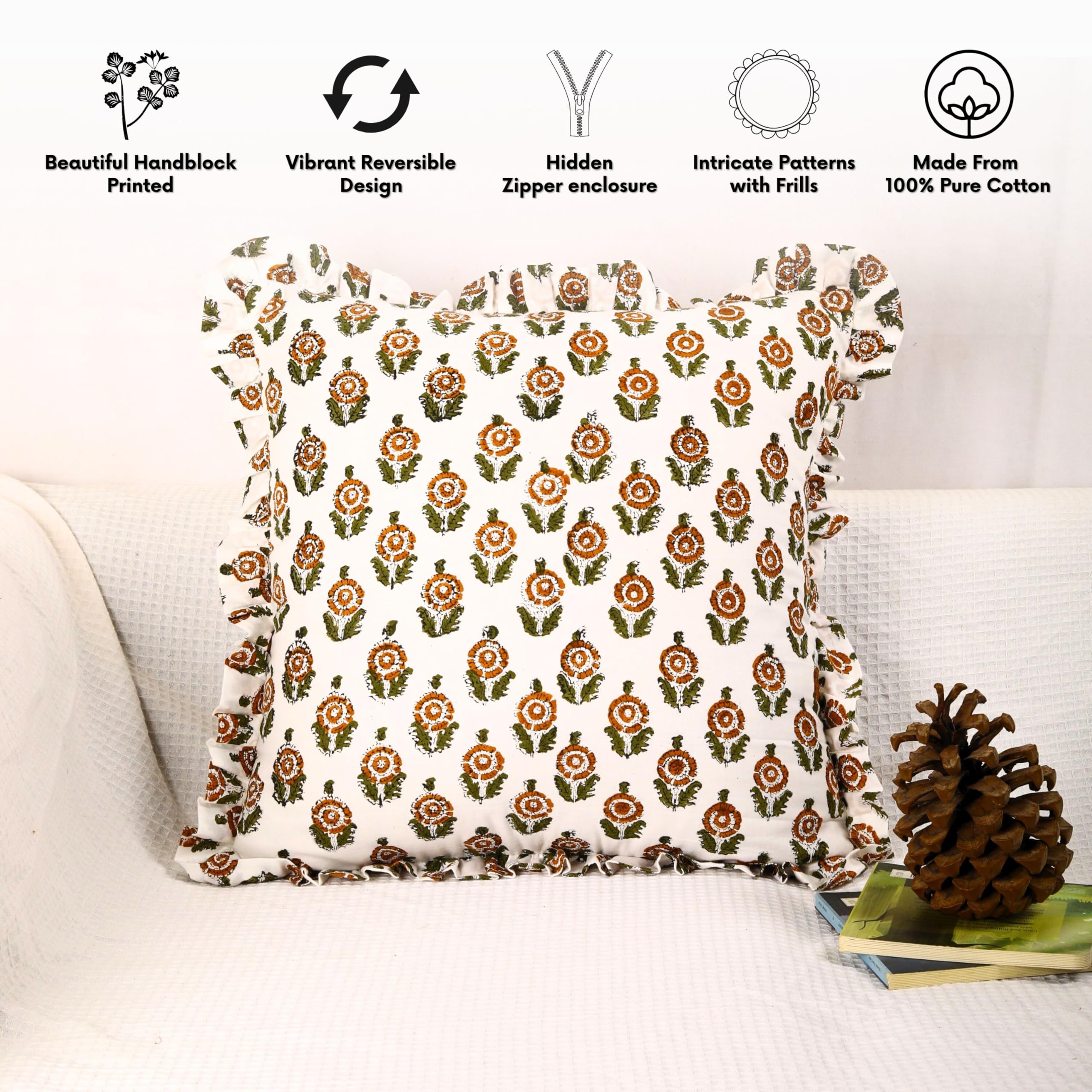 Trade Star 100% Cotton Cushion Covers Vintage Designer Pillow Case Reversible Set of 2 Throw Pillow Covers Lightweight Beautiful Hand Block Print Cushion Case with Soft Frills - Image 5