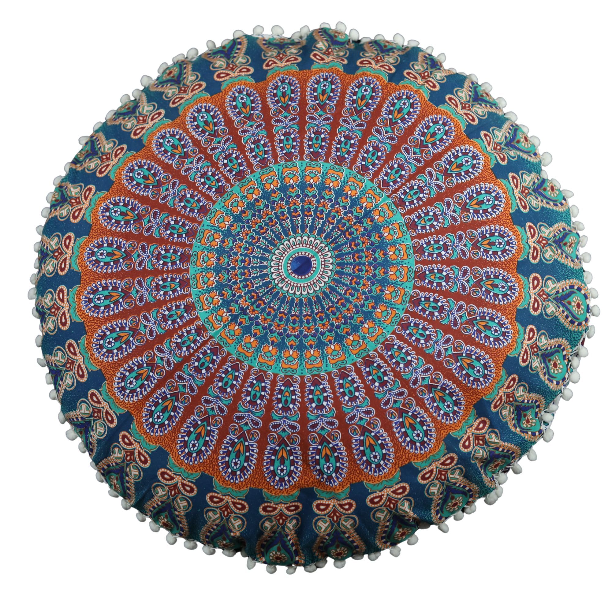 Trade Star 100% Cotton Mandala Pillow Case 32" Round Pouf Cover Ottoman Pillow Cover Outdoor Cushion Cover Decorative Large Indian Bohemian Pom Pom Pillow Case for Home Decor - Image 3