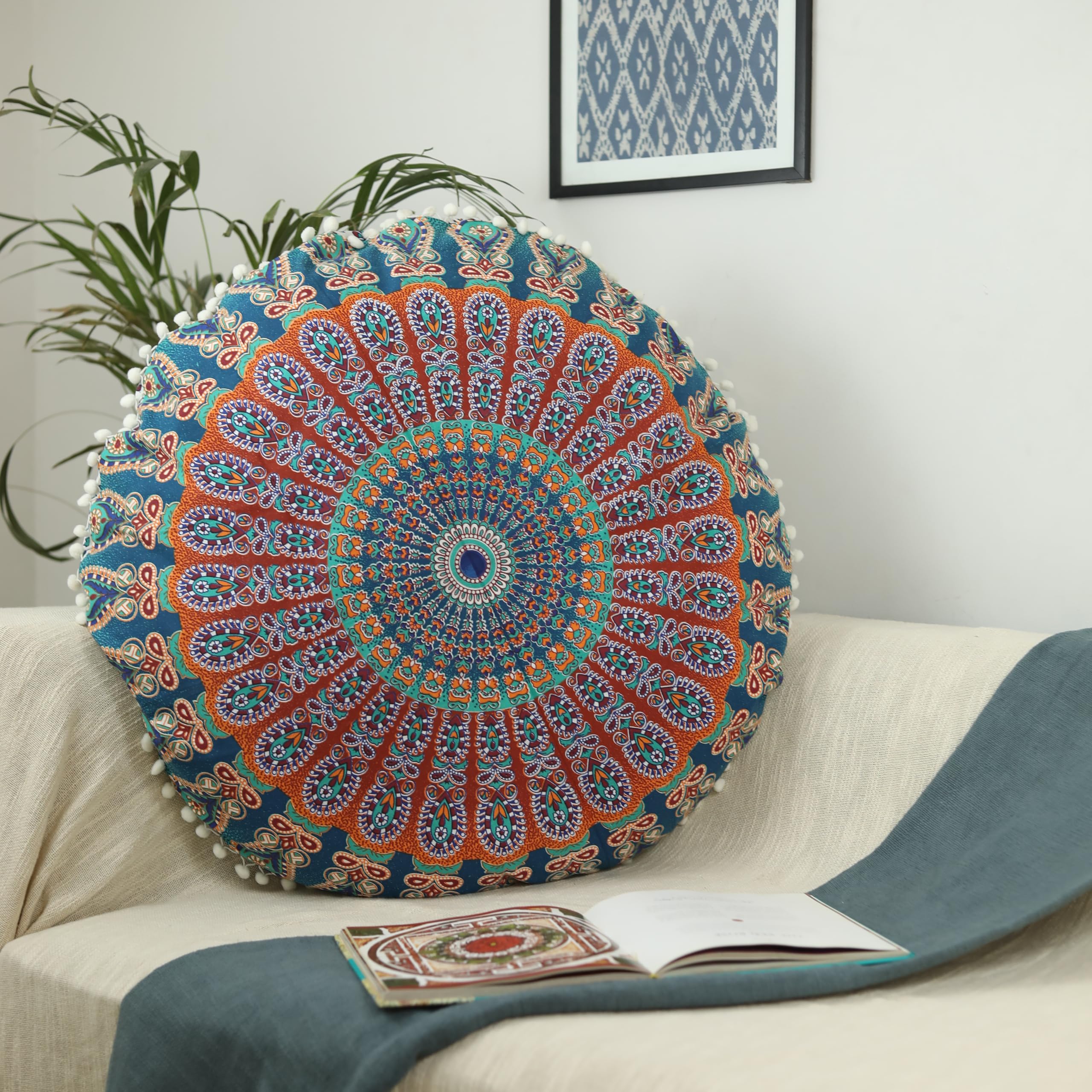 Trade Star 100% Cotton Mandala Pillow Case 32" Round Pouf Cover Ottoman Pillow Cover Outdoor Cushion Cover Decorative Large Indian Bohemian Pom Pom Pillow Case for Home Decor - Image 4