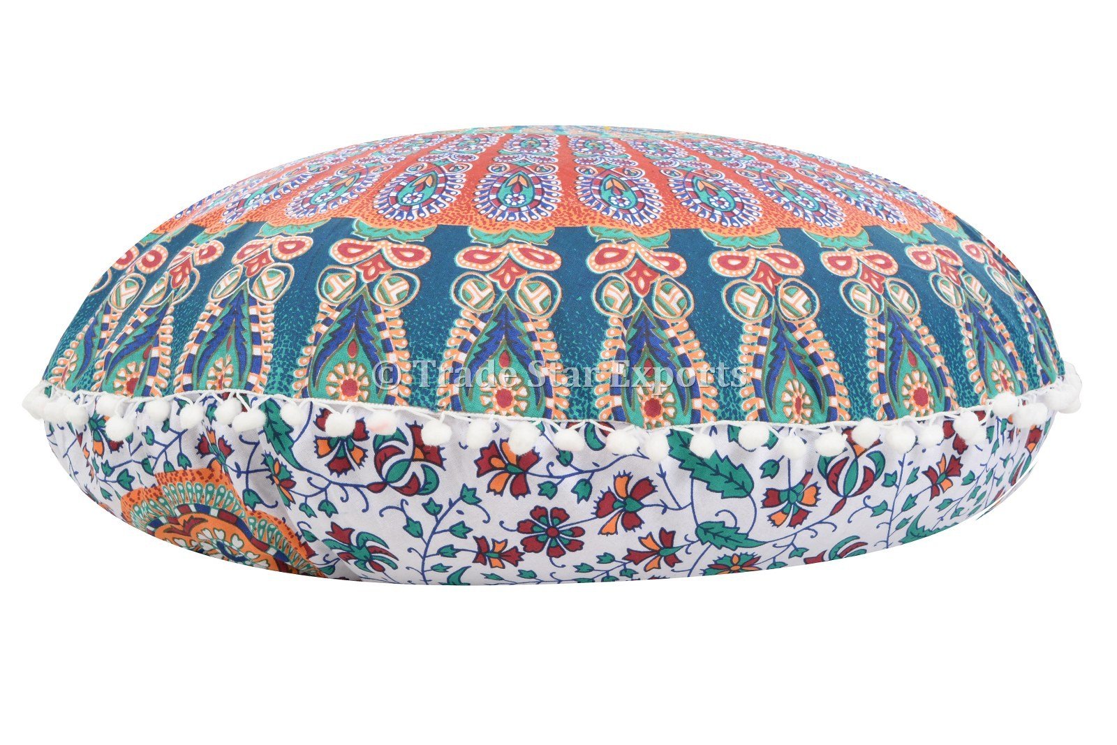 Trade Star 100% Cotton Mandala Pillow Case 32" Round Pouf Cover Ottoman Pillow Cover Outdoor Cushion Cover Decorative Large Indian Bohemian Pom Pom Pillow Case for Home Decor - Image 5