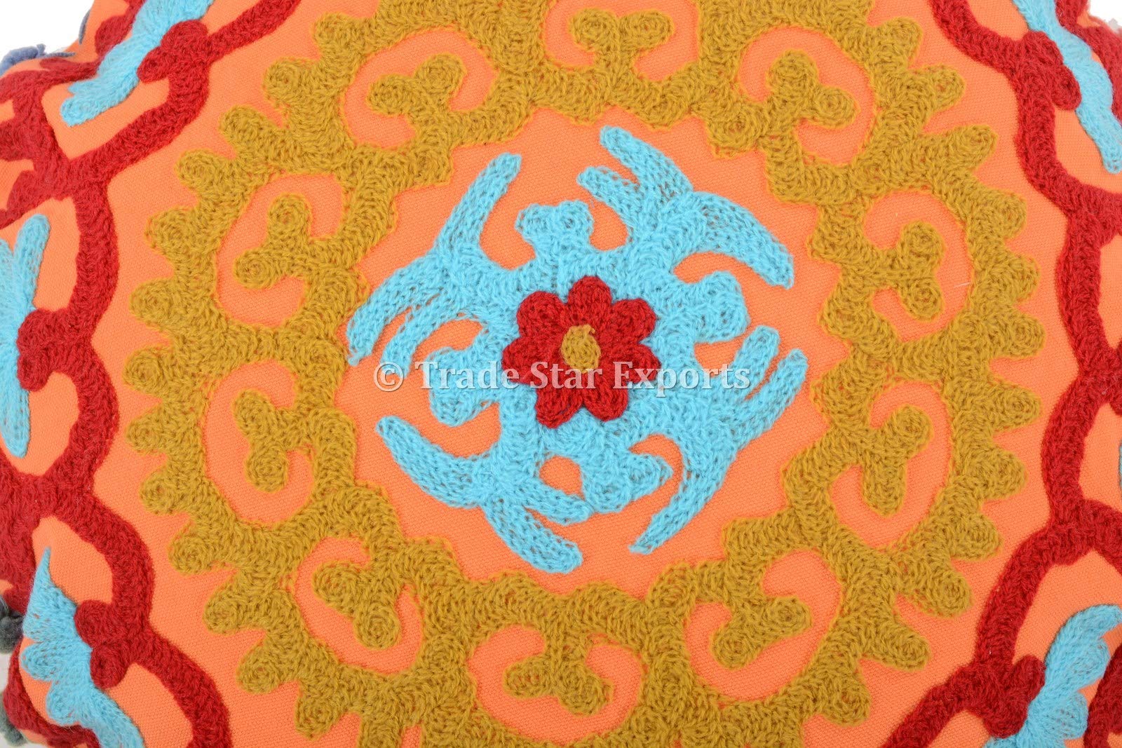 Trade Star 100% Cotton Round Pillow Case Fall Decor Throw Pillow Cover Beautiful Handmade Spring Embroidered Modern Sofa Cushion Cover Decorative Cushion Cover with Pom Pom for Home Decor 16" Inches - Image 3