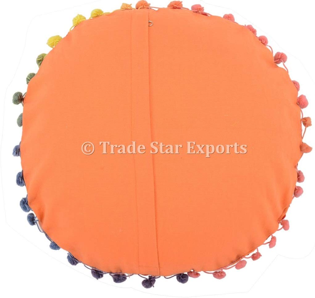 Trade Star 100% Cotton Round Pillow Case Fall Decor Throw Pillow Cover Beautiful Handmade Spring Embroidered Modern Sofa Cushion Cover Decorative Cushion Cover with Pom Pom for Home Decor 16" Inches - Image 4