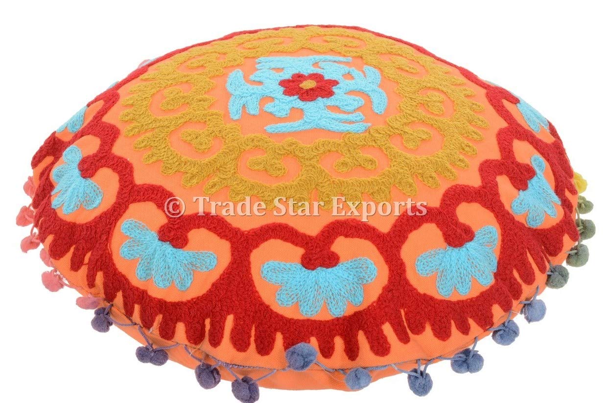 Trade Star 100% Cotton Round Pillow Case Fall Decor Throw Pillow Cover Beautiful Handmade Spring Embroidered Modern Sofa Cushion Cover Decorative Cushion Cover with Pom Pom for Home Decor 16" Inches - Image 5