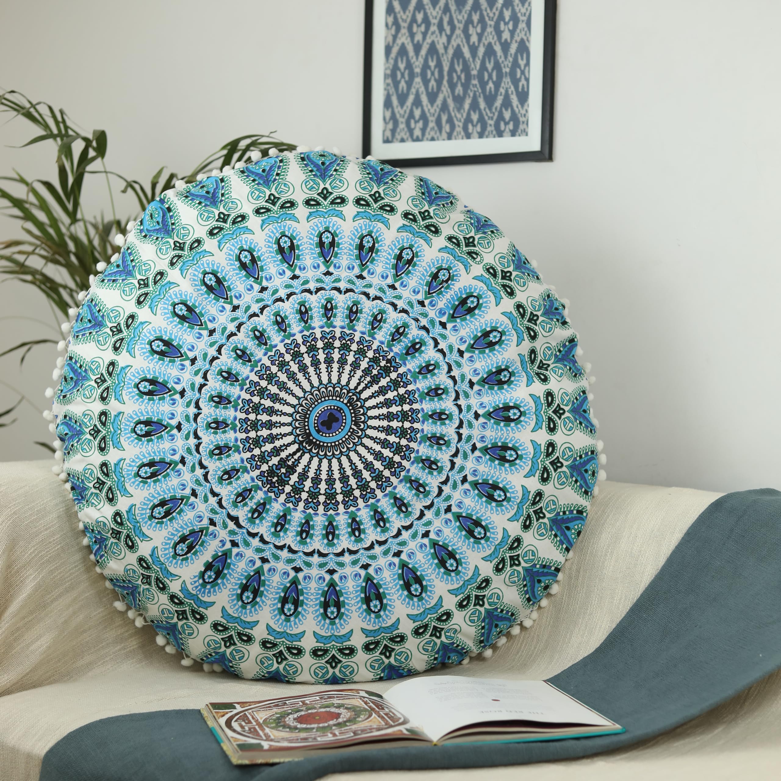 Trade Star 32" Round Large Pillow Cover Decorative Mandala Pillow Sham Indian Bohemian Ottoman Poufs with Beautiful Pom Pom Indoor Cushion Cover for Home Decor (Pattern 5) - Image 5
