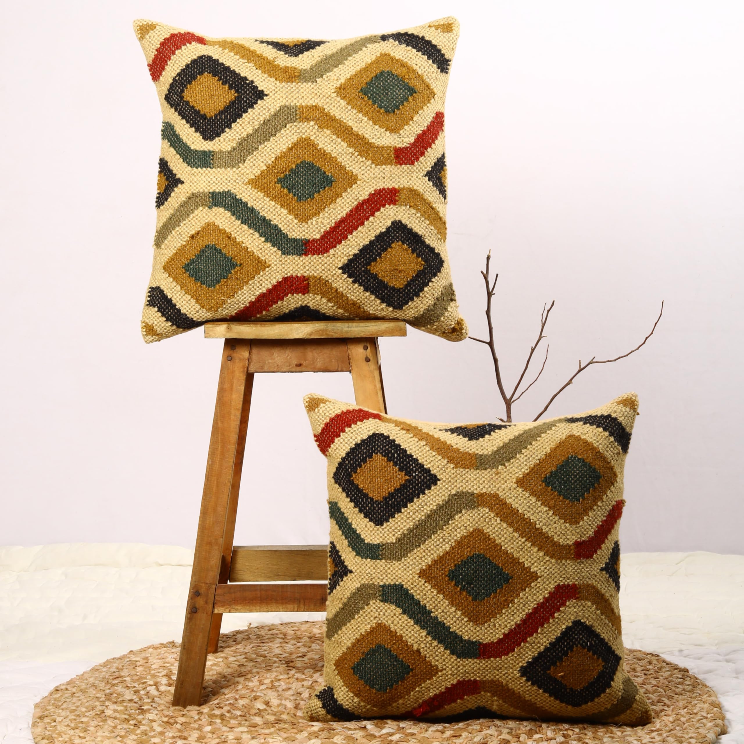Trade Star 70% Jute 30% Wool Throw Cushion Cover Decorative Pillow Highly Durable Quality Handwoven Cushion Case Rug Pillowcase Set of 2 Kilim Pillow Cover Thick Rug Designer Case - Image 3
