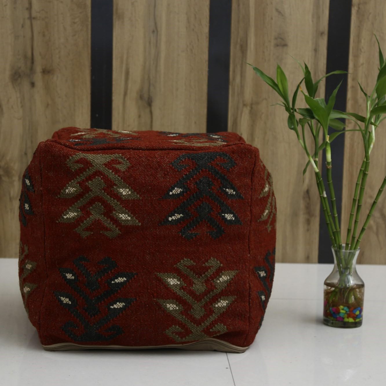 Trade Star Authentic Floor Pouf Cover Kilim Pouf Cover Handmade Ottoman Foot Stool Cover Vintage Jute Wool Rustic Cover Home Decor Seating for Living Room (Pattern 1) - Image 4