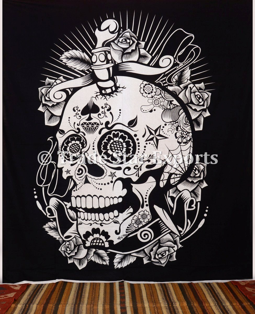 Trade Star Black & White Tapestry Queen Size Halloween Skull Printed Wall Hanging Art Psychedelic Living Room Decor Gypsy Back Drop For Party Decoration Floral Dorm Decor (220x240 Cm, Pattern 2) - Image 3