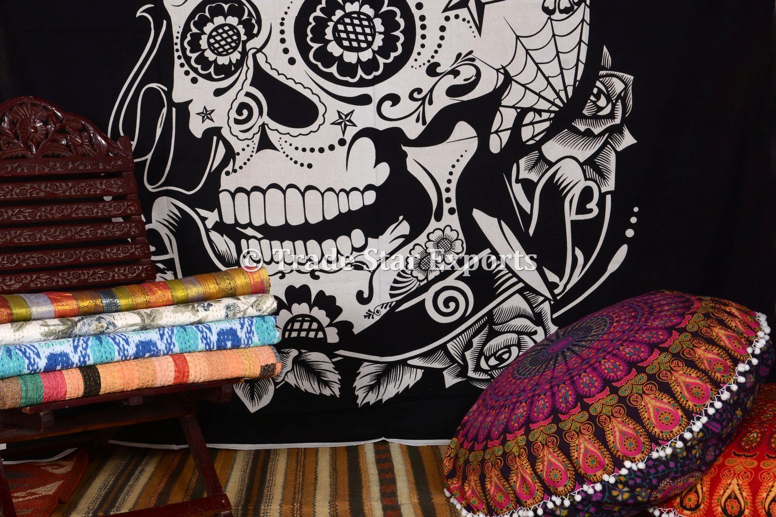 Trade Star Black & White Tapestry Queen Size Halloween Skull Printed Wall Hanging Art Psychedelic Living Room Decor Gypsy Back Drop For Party Decoration Floral Dorm Decor (220x240 Cm, Pattern 2) - Image 4