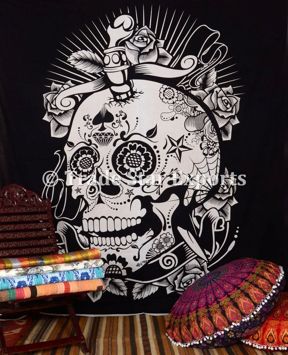 Trade Star Black & White Tapestry Queen Size Halloween Skull Printed Wall Hanging Art Psychedelic Living Room Decor Gypsy Back Drop For Party Decoration Floral Dorm Decor (220x240 Cm, Pattern 2) - Image 5