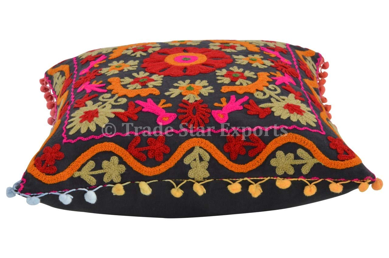 Trade Star Decorative Indian Pom Pom Pillow Case 100% Cotton Beautiful Embroidered Pillow Cover Modern Indoor Cushion Cover Ethnic Sofa Throw Pillow Sham for Couch Decor 16x16 Inches - Image 5