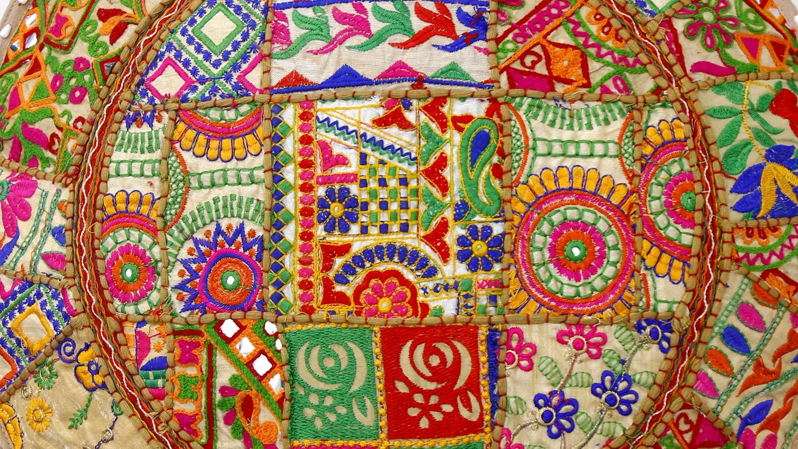 Trade Star Decorative Patchwork Pouf Cover Embroidered Ottoman Cushion Handmade Foot Stool Vintage Pouffe Cover Applique Round Pouf Bohemian Floor Cushion Pattern 6, 18 x 18 x 14 - Image 3