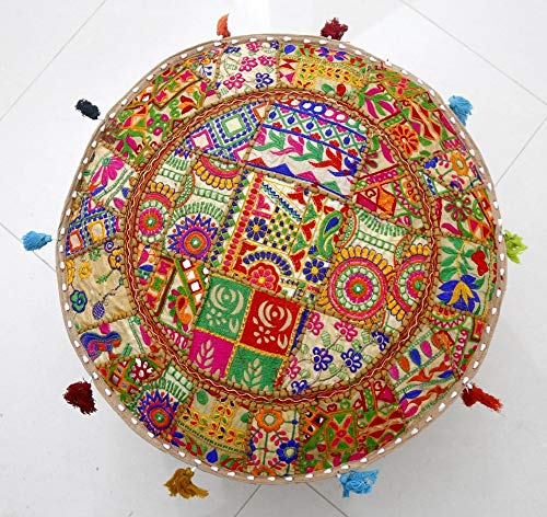 Trade Star Decorative Patchwork Pouf Cover Embroidered Ottoman Cushion Handmade Foot Stool Vintage Pouffe Cover Applique Round Pouf Bohemian Floor Cushion Pattern 6, 18 x 18 x 14 - Image 4