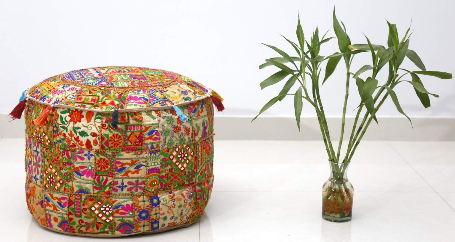 Trade Star Decorative Patchwork Pouf Cover Embroidered Ottoman Cushion Handmade Foot Stool Vintage Pouffe Cover Applique Round Pouf Bohemian Floor Cushion Pattern 6, 18 x 18 x 14 - Image 5