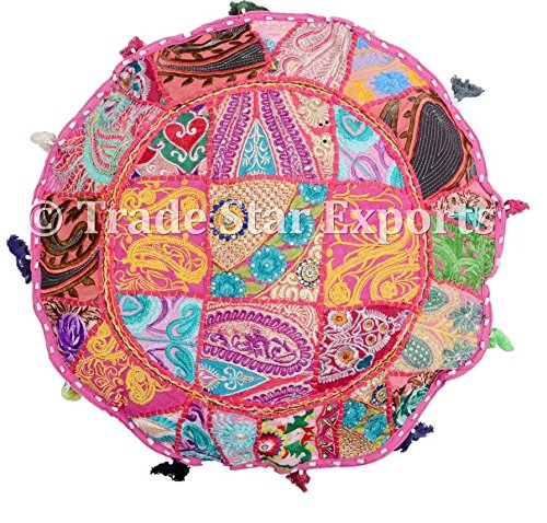 Trade Star Exports Embroidery Patchwork Pouf Cover Indian Vintage Ottoman Pouf Handmade Decorative Footstool Cover Boho Round Floor Pillow Hippie Christmas Decor (Pattern 4) - Image 4
