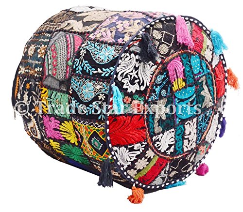 Trade Star Exports Indian Patchwork Pouf Cover Round Ottoman Footstool Decorative Vintage Pouf Boho Floor Cushion Covers Embroidery Handmade Ottoman Large Throw Cushion Hippie Home Decor (Pattern 1) - Image 4