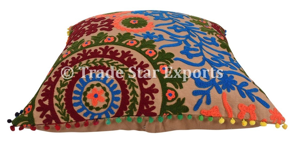 Trade Star Exports Indian Pillow Cover 24x24 Decorative Embroidery Euro Sham Ethnic Cotton Throw Pillowcase Boho Square Cushion Cover - Image 4
