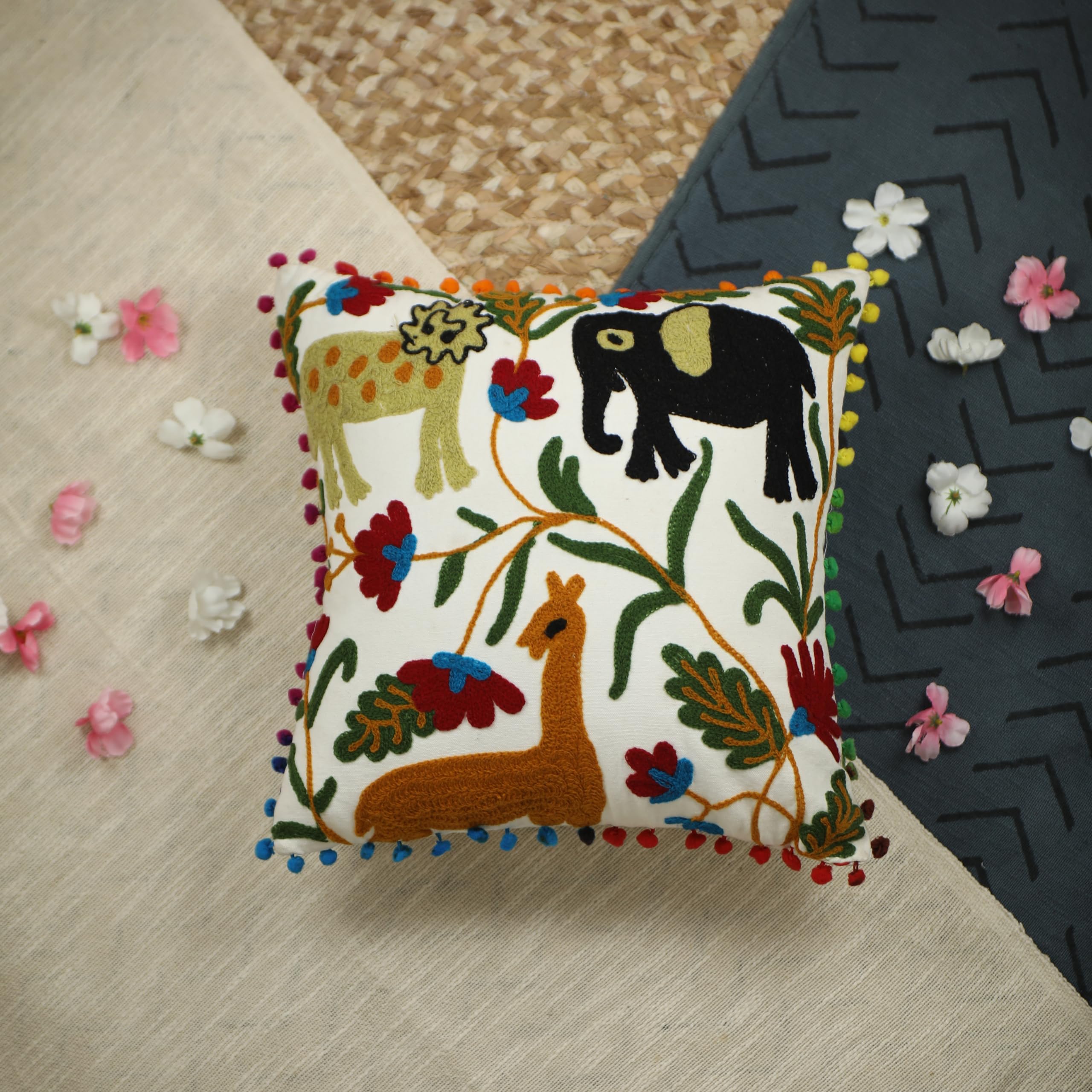 Trade Star Exports Kids Animal Cushion Cover Work Embroidery Pom Pom Cushions Decorative Bohemian Pillow Case Kids Room Decor Lace Cushions - Image 3