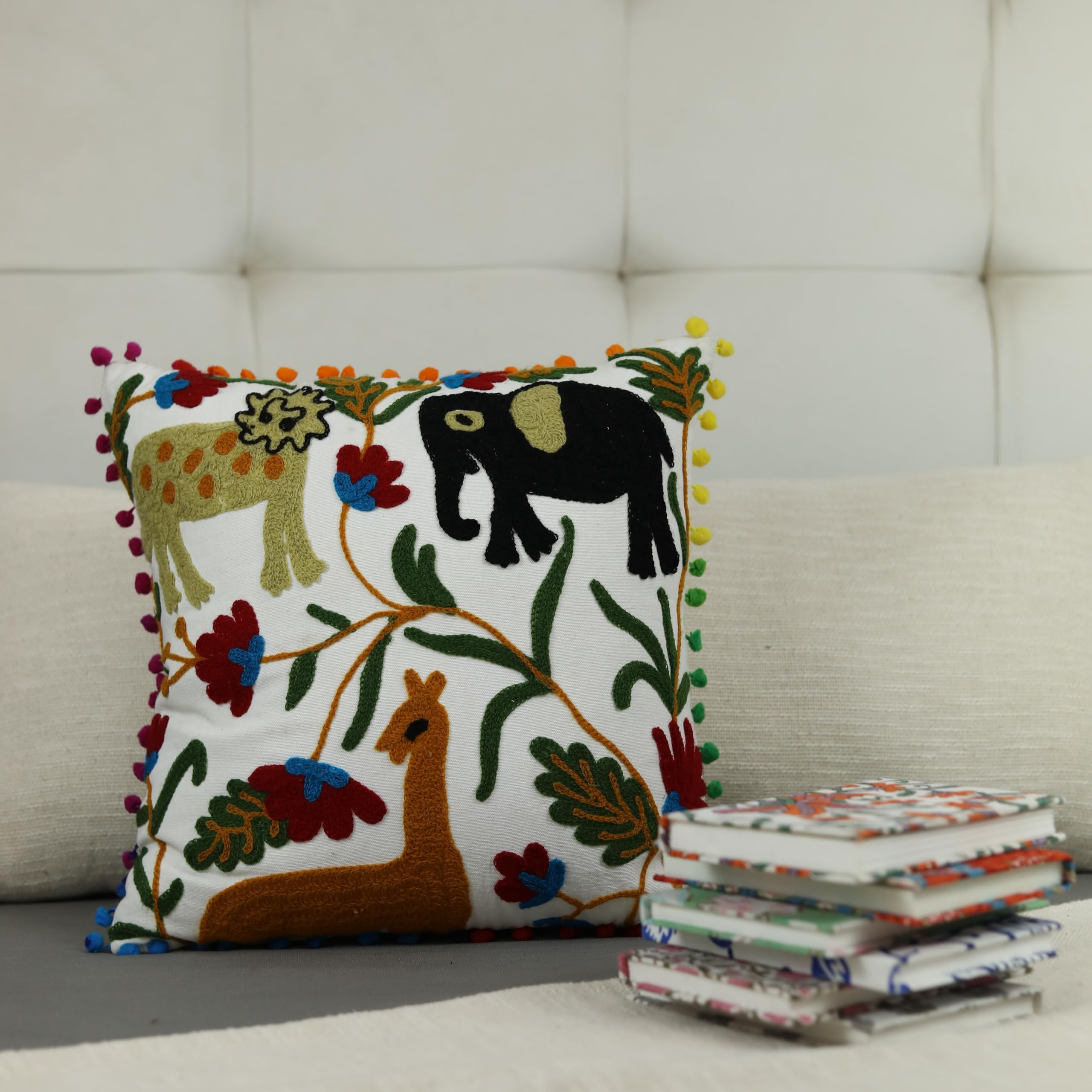 Trade Star Exports Kids Animal Cushion Cover Work Embroidery Pom Pom Cushions Decorative Bohemian Pillow Case Kids Room Decor Lace Cushions - Image 4