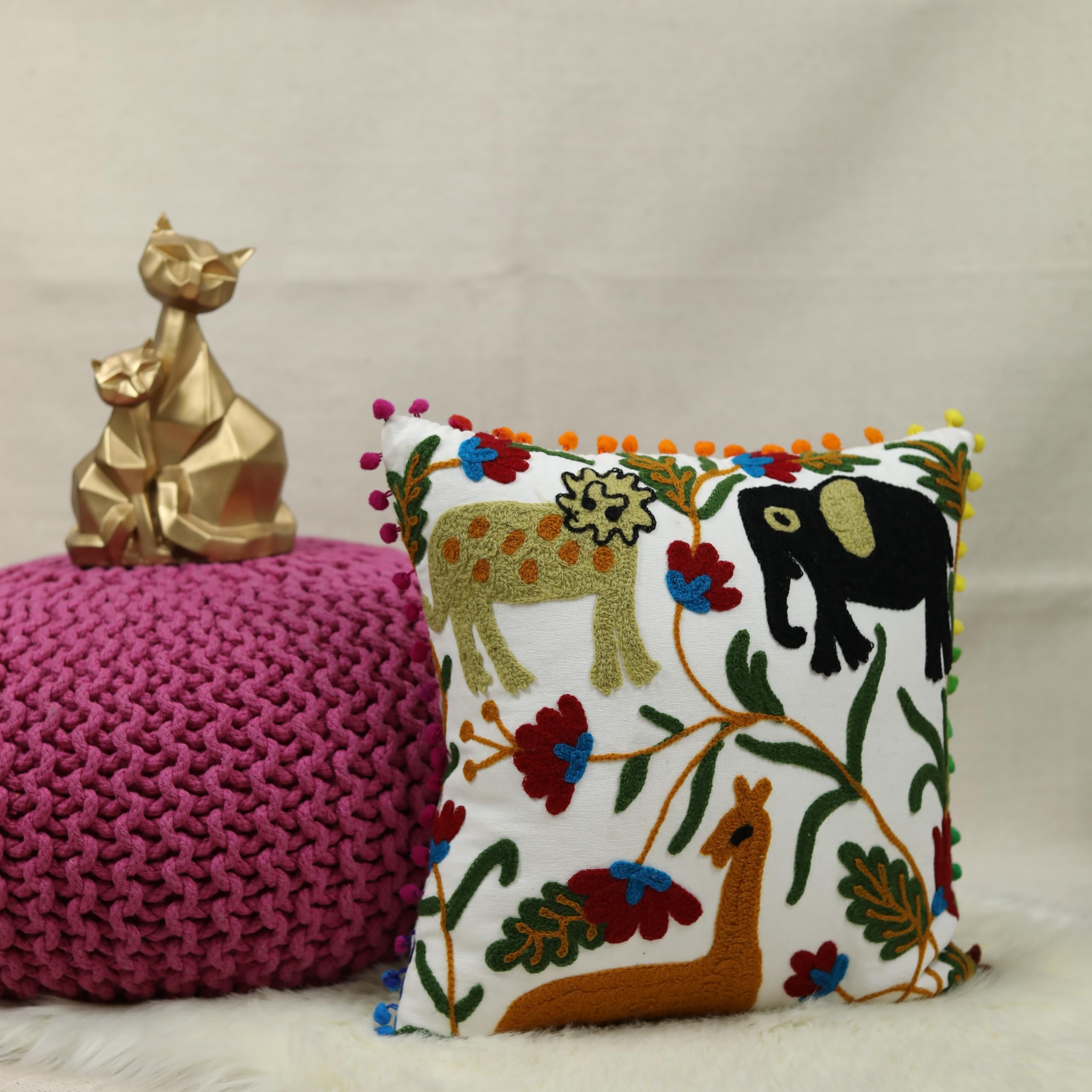 Trade Star Exports Kids Animal Cushion Cover Work Embroidery Pom Pom Cushions Decorative Bohemian Pillow Case Kids Room Decor Lace Cushions - Image 5