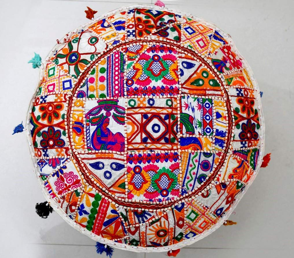 Trade Star Handmade Vintage Pouf Cover Embroidered Ottoman Cushion Decorative Foot Stool Patchwork Pouffe Cover Applique Round Pouf Bohemian Floor Cushion for Home Decoration (Pattern 5, 18 x 18 x 14) - Image 4