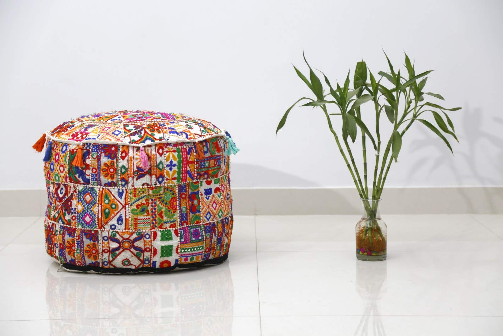 Trade Star Handmade Vintage Pouf Cover Embroidered Ottoman Cushion Decorative Foot Stool Patchwork Pouffe Cover Applique Round Pouf Bohemian Floor Cushion for Home Decoration (Pattern 5, 18 x 18 x 14) - Image 5