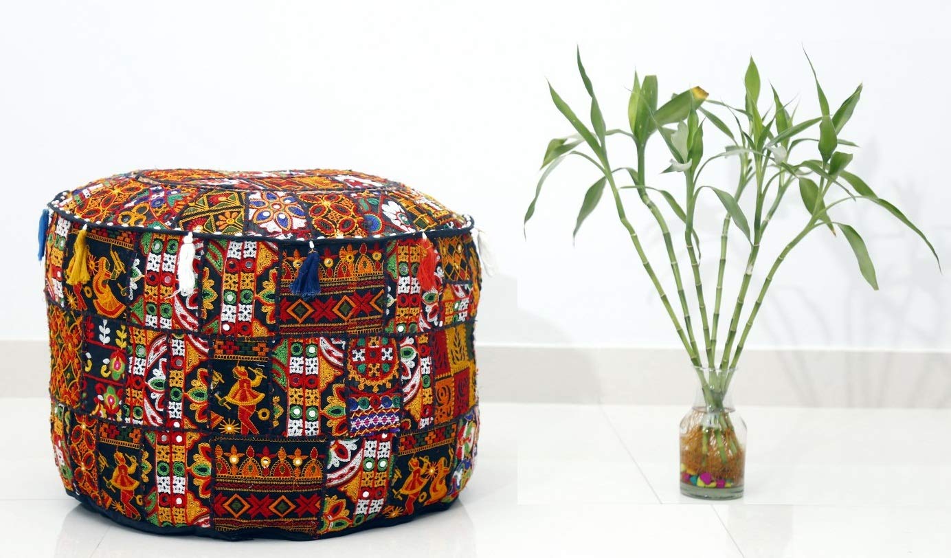 Trade Star Indian Hippie Vintage Cotton Floor Pillow & Cushion Patchwork Bean Bag Chair Cover Boho Bohemian Hand Embroidered Handmade Pouf Ottoman (Pattern 4, 22 x 22 x 14 Inches) - Image 5