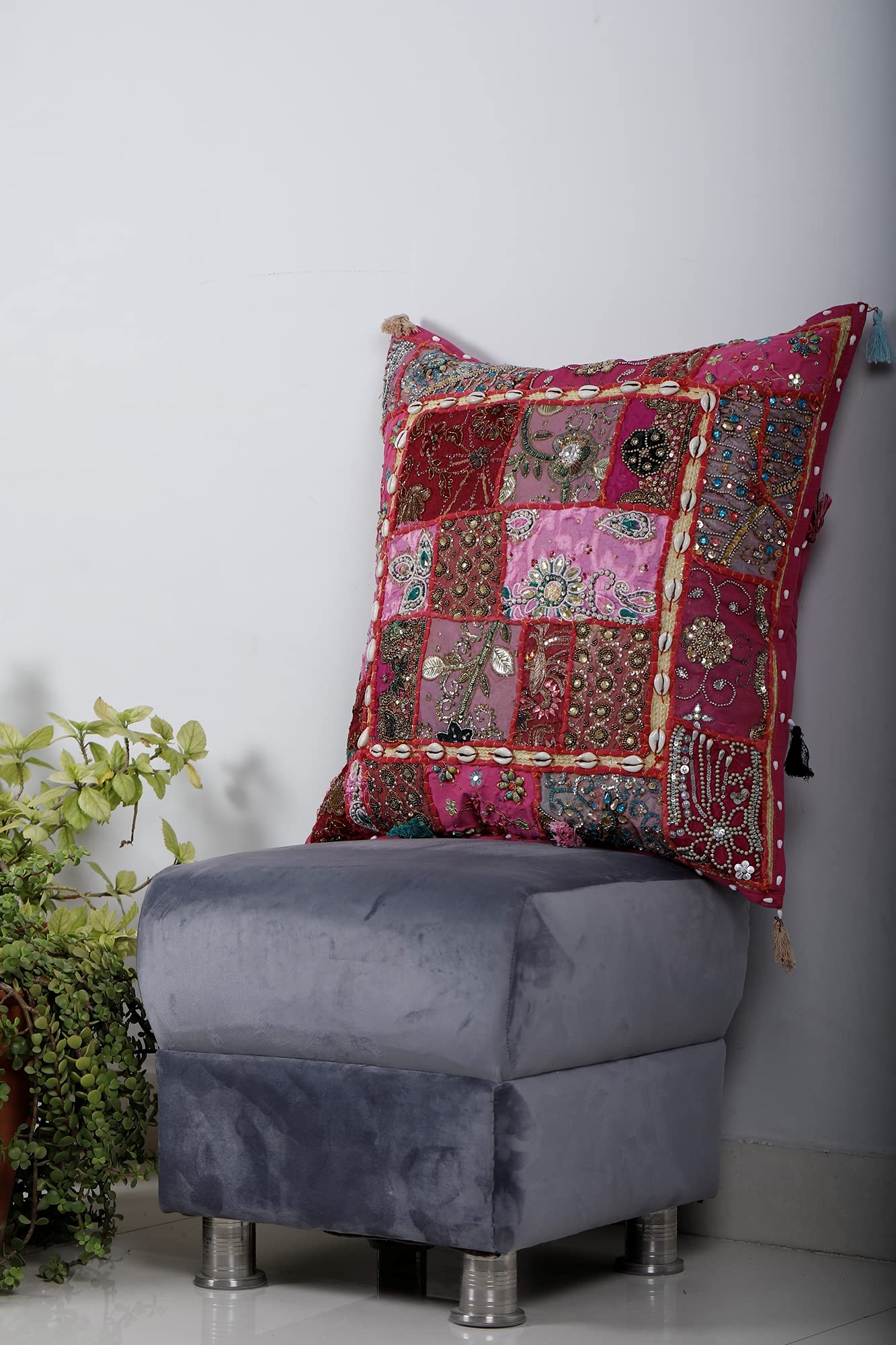 Trade Star Indian Patchwork Cushion Covers 24x24 Inches Farmhouse Decor Pillow Covers Vintage Throw Pillow Cases Pink Beaded Sofa Decor Cushion Cases (Pattern 2) - Image 5