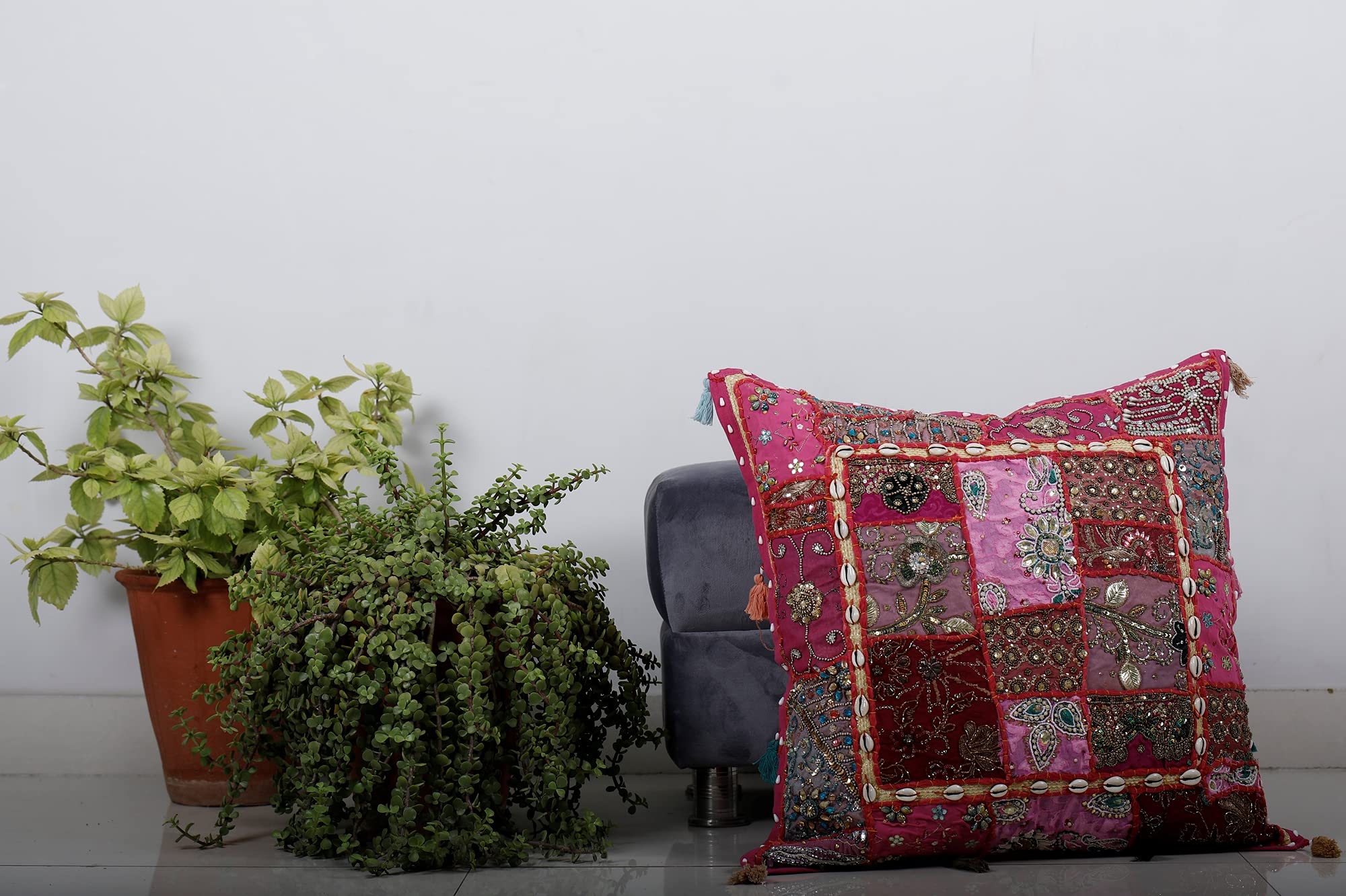 Trade Star Indian Patchwork Cushion Covers 24x24 Inches Farmhouse Decor Pillow Covers Vintage Throw Pillow Cases Pink Beaded Sofa Decor Cushion Cases (Pattern 2) - Image 6