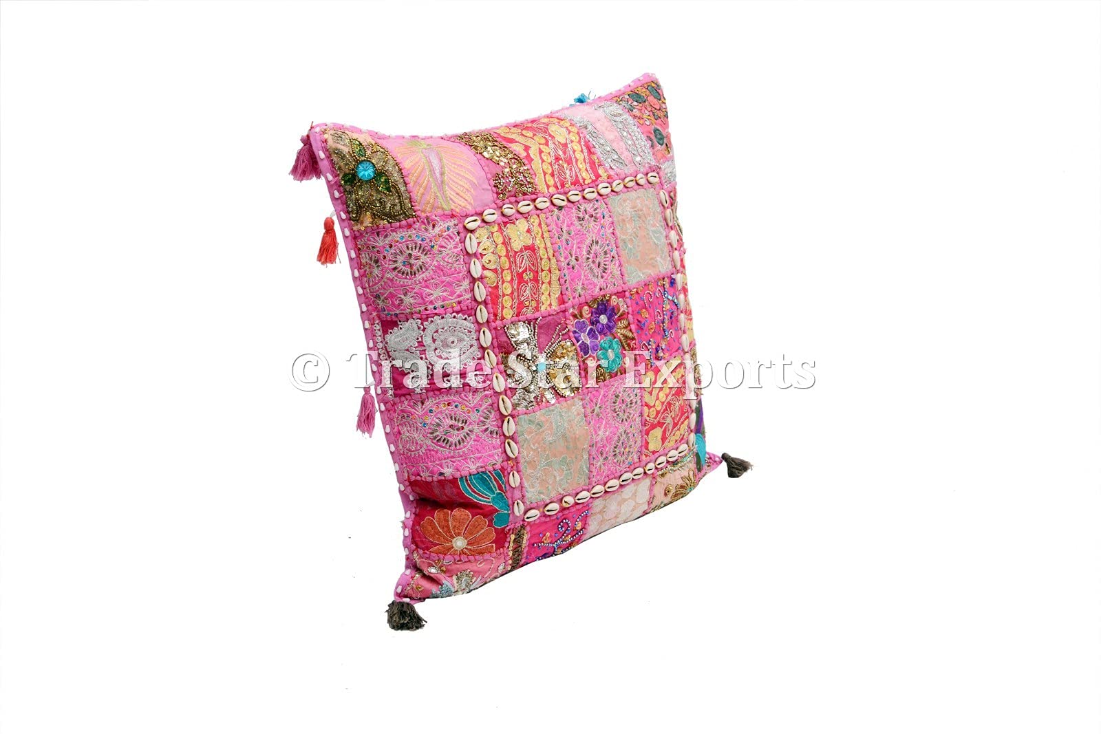 Trade Star Indian Patchwork Cushion Covers 24x24 Inches Farmhouse Decor Pillow Covers Vintage Throw Pillow Cases Pink Beaded Sofa Decor Cushion Cases (Pattern 2) - Image 7