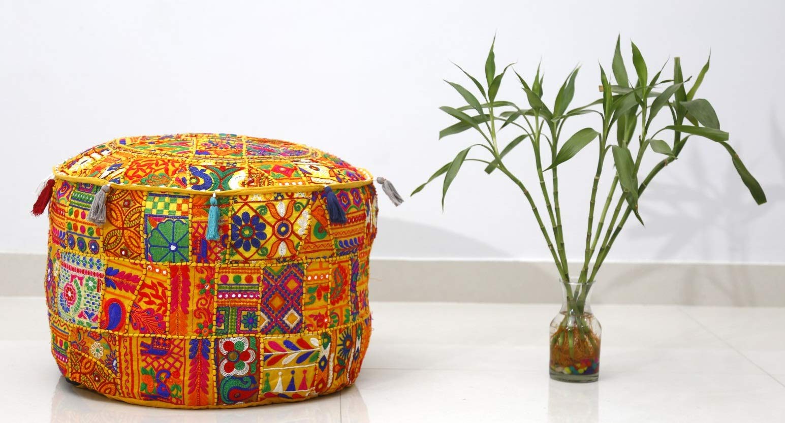 Trade Star Indian Patchwork Pouf Cover Bohemian Living Room Pouf, Decorative Ottoman,Embroidered Designer Ottoman, Home Living Footstool Chair Cover Floor Decor (Pattern 2, 18 x 18 x 14 Inches) - Image 5