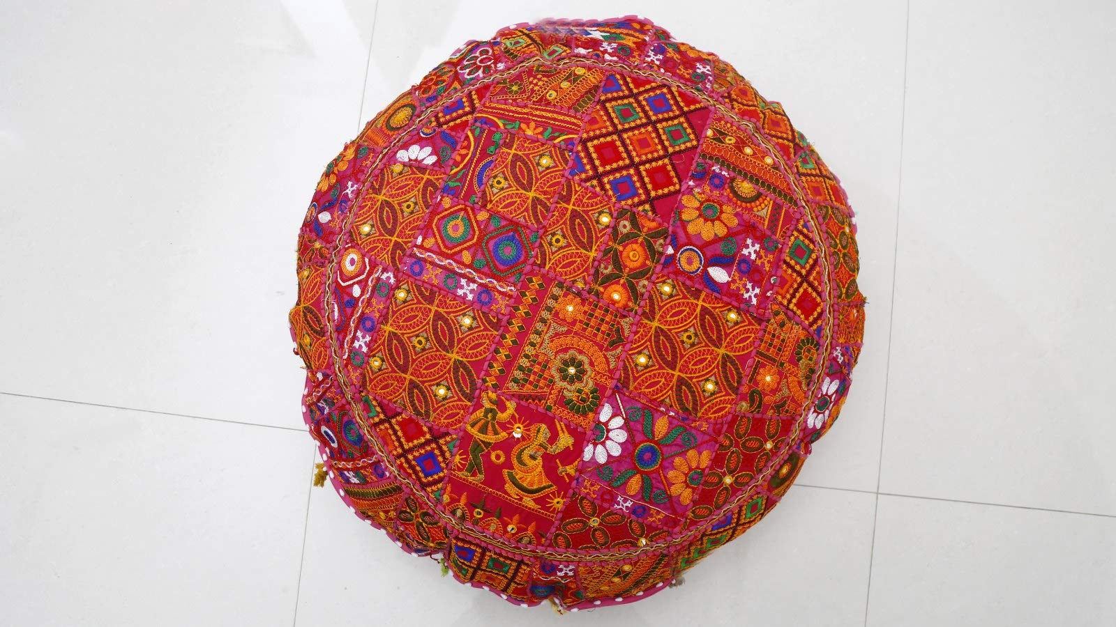 Trade Star Indian Patchwork Pouffe Traditional Home Decorative Cushion Cover Handmade Embroidered Cotton Patchwork Foot Stool Floor Cushion Decor Made by Indian Artisian(Pattern 1) - Image 4